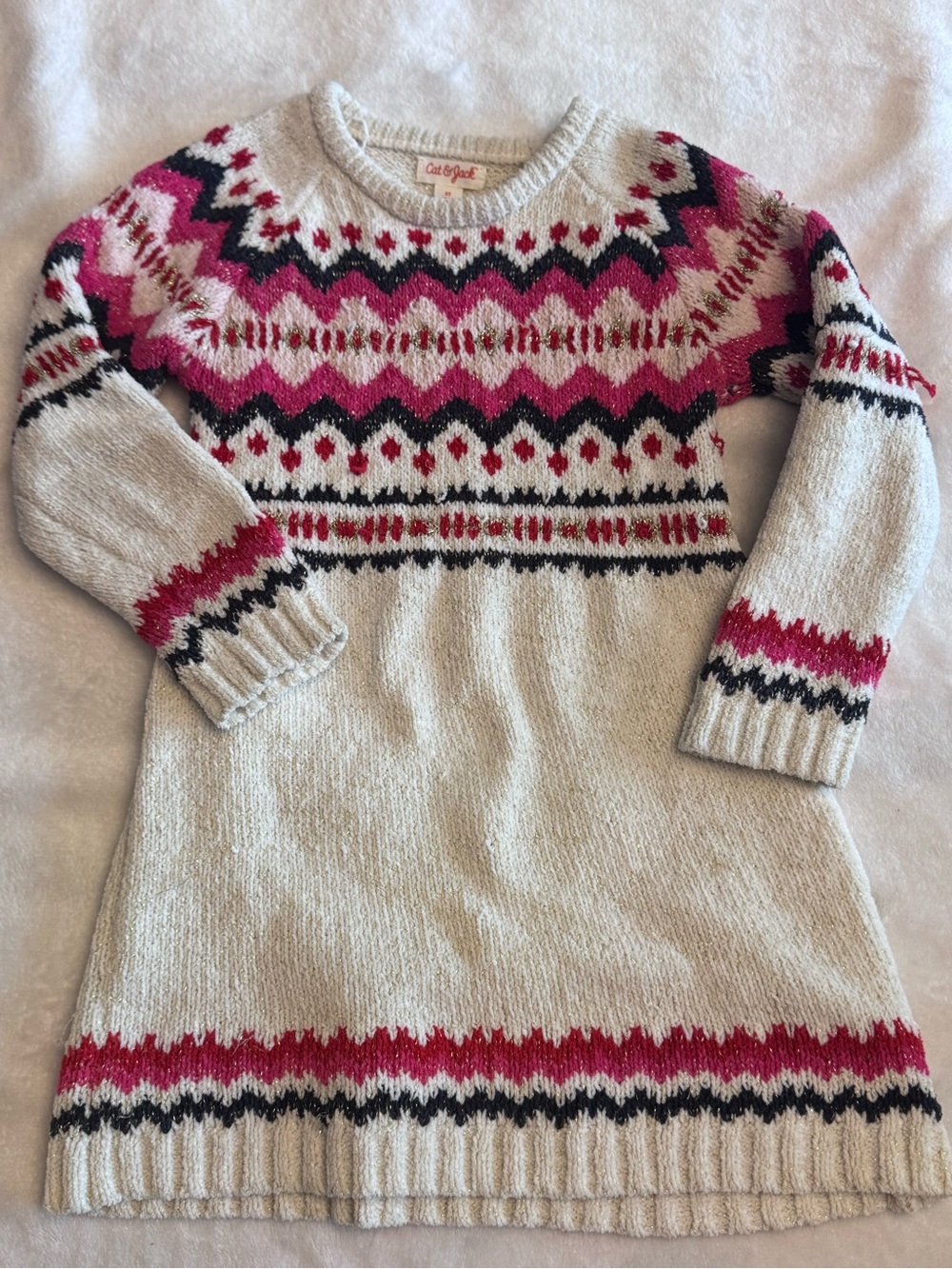 Cat & Jack Cream Sweater Dress with Pink, Black & Red